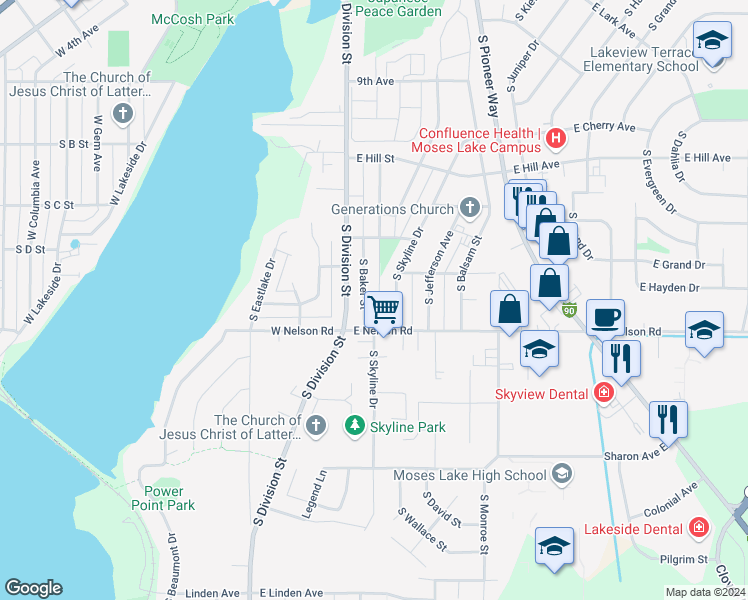 map of restaurants, bars, coffee shops, grocery stores, and more near 1202 South Skyline Drive in Moses Lake