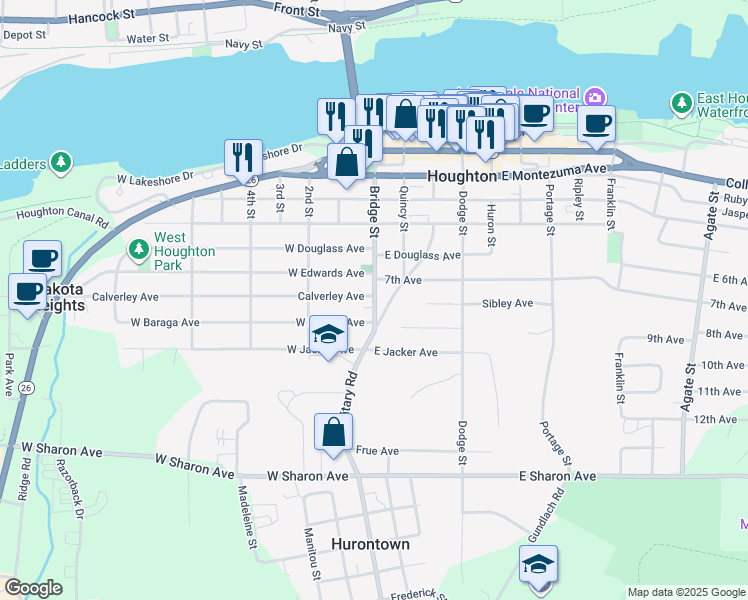 map of restaurants, bars, coffee shops, grocery stores, and more near 600-698 Bridge St in Houghton