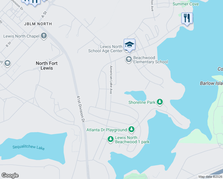 map of restaurants, bars, coffee shops, grocery stores, and more near American Lake Avenue in Fort Lewis
