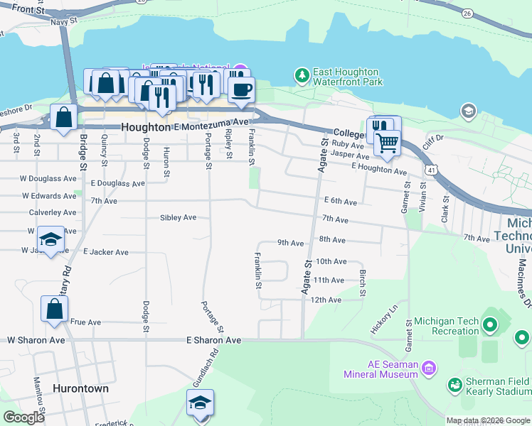 map of restaurants, bars, coffee shops, grocery stores, and more near 900-1098 7th Avenue in Houghton