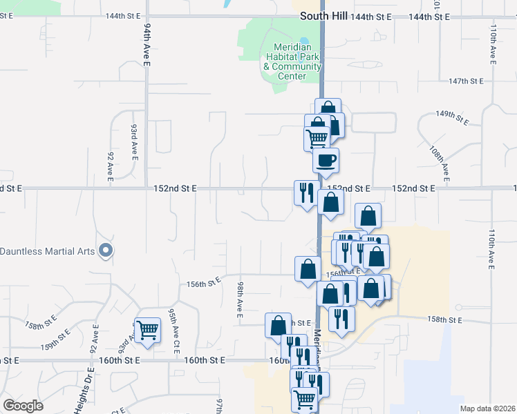 map of restaurants, bars, coffee shops, grocery stores, and more near 9920 152nd Street East in Puyallup