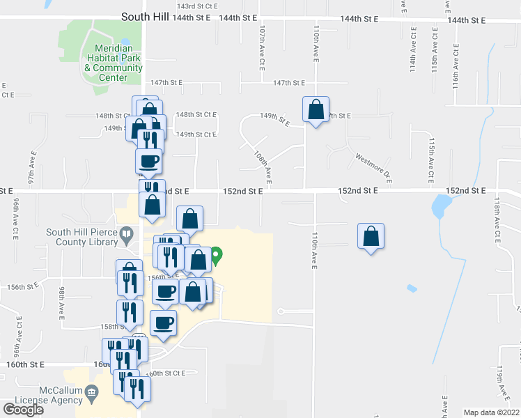 map of restaurants, bars, coffee shops, grocery stores, and more near 15216 107th Avenue Court East in Puyallup