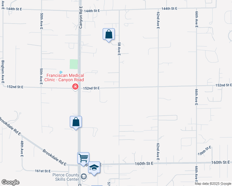 map of restaurants, bars, coffee shops, grocery stores, and more near 15206 58th Avenue East in Puyallup