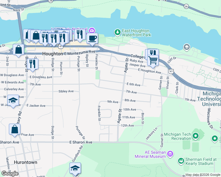 map of restaurants, bars, coffee shops, grocery stores, and more near 900-1098 7th Avenue in Houghton