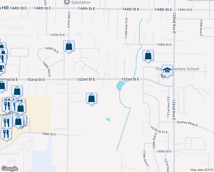 map of restaurants, bars, coffee shops, grocery stores, and more near 11414 152nd Street East in Puyallup