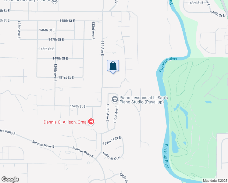 map of restaurants, bars, coffee shops, grocery stores, and more near 13517 152nd Stct East in Puyallup