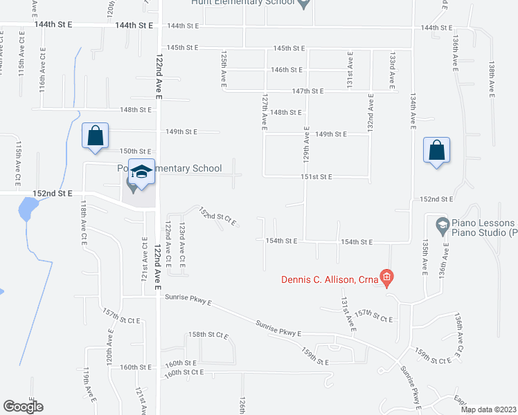 map of restaurants, bars, coffee shops, grocery stores, and more near 12623 153rd Street East in Puyallup