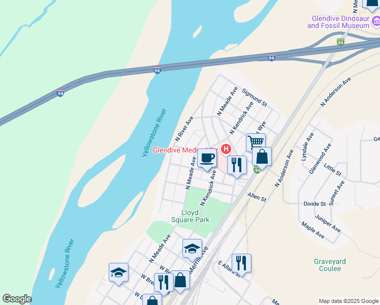 map of restaurants, bars, coffee shops, grocery stores, and more near 303 Dilworth Street in Glendive
