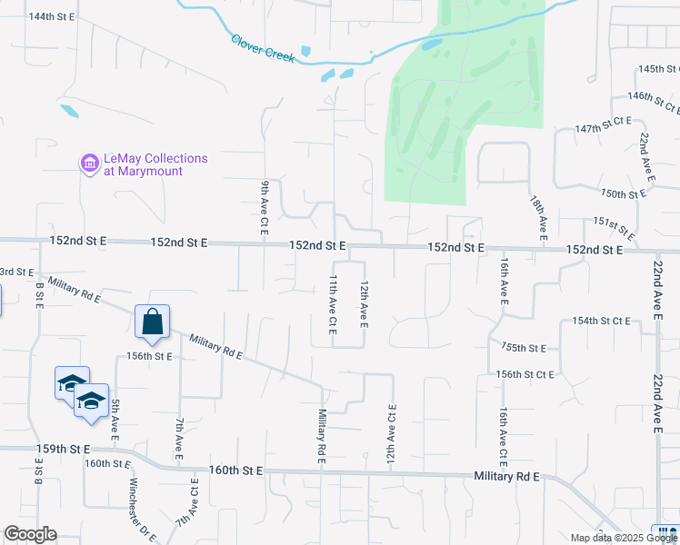 map of restaurants, bars, coffee shops, grocery stores, and more near 15215 11th Avenue Court East in Tacoma
