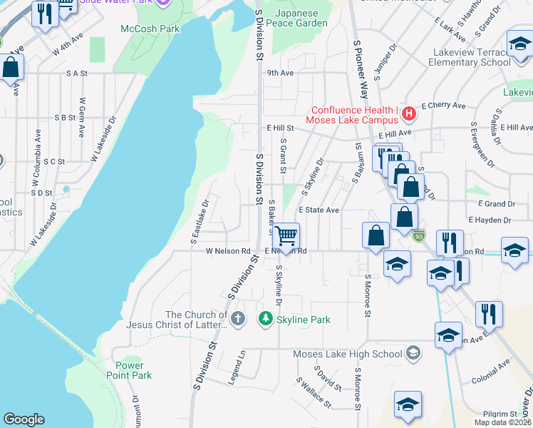 map of restaurants, bars, coffee shops, grocery stores, and more near 1202 South Baker Street in Moses Lake