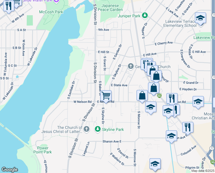 map of restaurants, bars, coffee shops, grocery stores, and more near 1202 South Skyline Drive in Moses Lake
