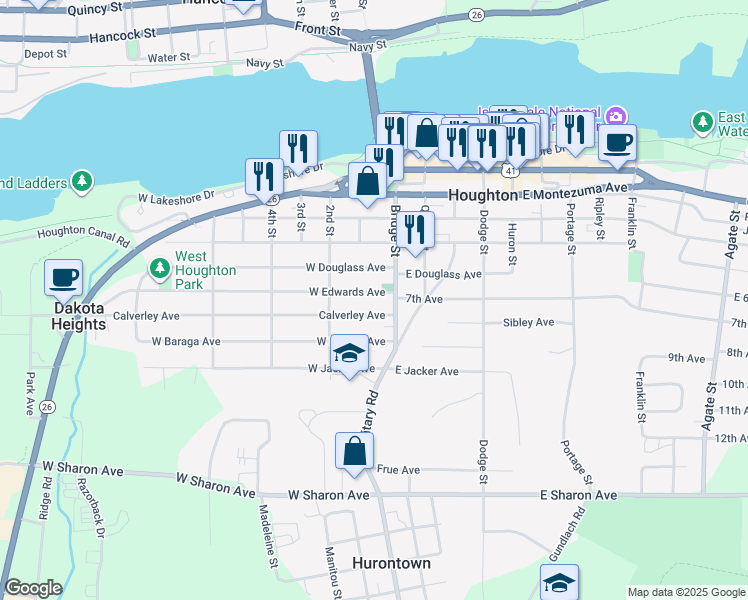 map of restaurants, bars, coffee shops, grocery stores, and more near 600 Bridge Street in Houghton