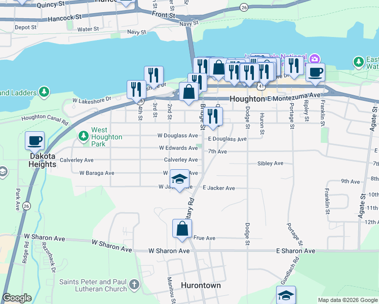 map of restaurants, bars, coffee shops, grocery stores, and more near 101 West Edwards Avenue in Houghton