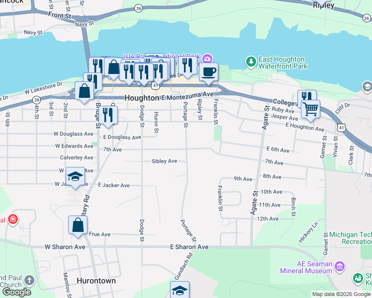 map of restaurants, bars, coffee shops, grocery stores, and more near 600 Portage Street in Houghton