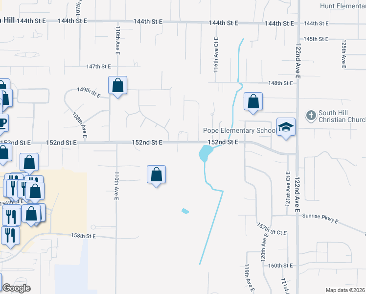map of restaurants, bars, coffee shops, grocery stores, and more near 11402 152nd Street East in Puyallup