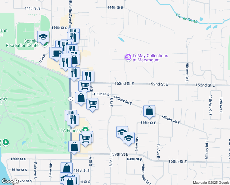 map of restaurants, bars, coffee shops, grocery stores, and more near 301 153rd Street East in Tacoma