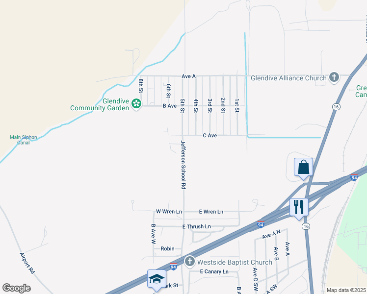 map of restaurants, bars, coffee shops, grocery stores, and more near 371 Jefferson School Road in Glendive