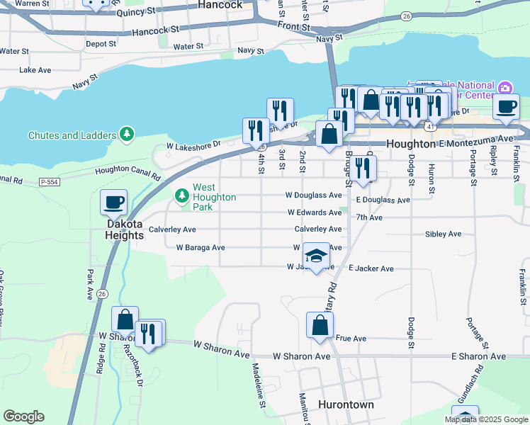 map of restaurants, bars, coffee shops, grocery stores, and more near 499 West Edwards Avenue in Houghton