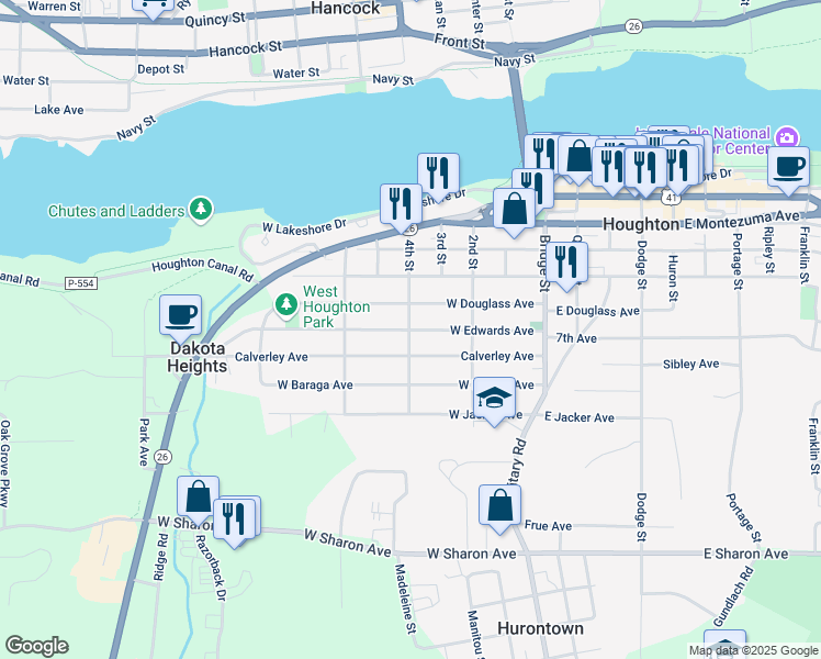 map of restaurants, bars, coffee shops, grocery stores, and more near 499 W Edwards Ave in Houghton