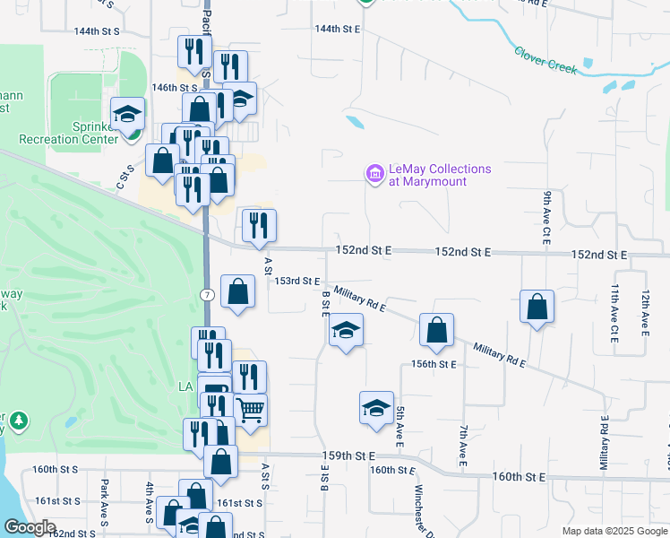 map of restaurants, bars, coffee shops, grocery stores, and more near 301 153rd Street East in Tacoma