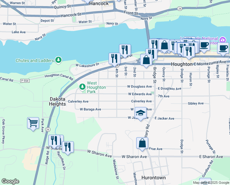 map of restaurants, bars, coffee shops, grocery stores, and more near 499 West Edwards Avenue in Houghton
