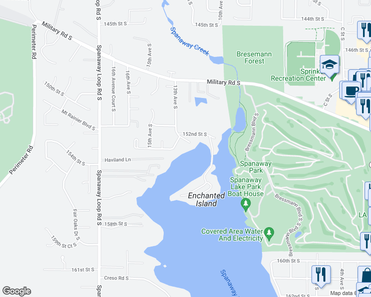 map of restaurants, bars, coffee shops, grocery stores, and more near 1220 153rd Street South in Spanaway