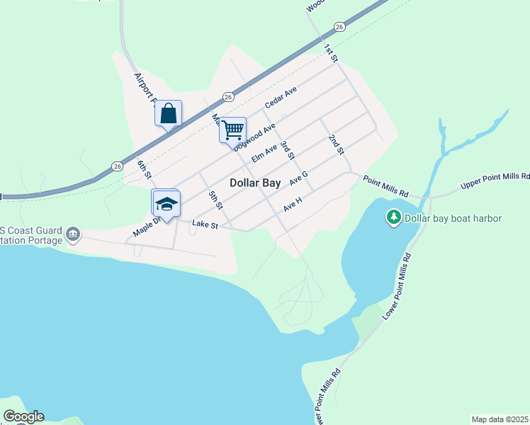 map of restaurants, bars, coffee shops, grocery stores, and more near in Dollar Bay