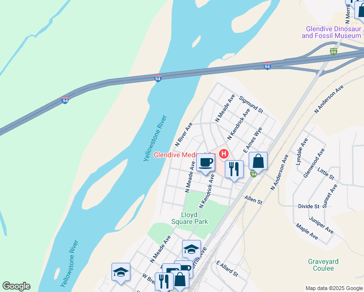 map of restaurants, bars, coffee shops, grocery stores, and more near 303 Dilworth Street in Glendive