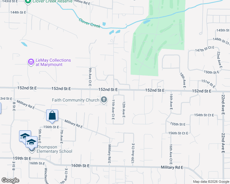 map of restaurants, bars, coffee shops, grocery stores, and more near 15215 11th Avenue Court East in Tacoma