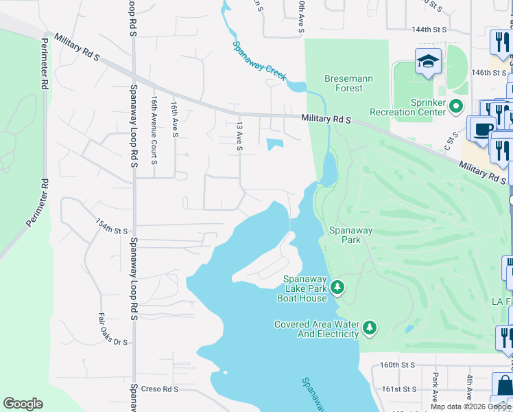map of restaurants, bars, coffee shops, grocery stores, and more near 1220 153rd Street South in Spanaway