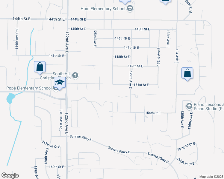 map of restaurants, bars, coffee shops, grocery stores, and more near 12623 153rd Street East in Puyallup