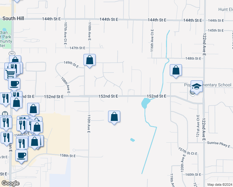map of restaurants, bars, coffee shops, grocery stores, and more near 11301 152nd Street East in Puyallup