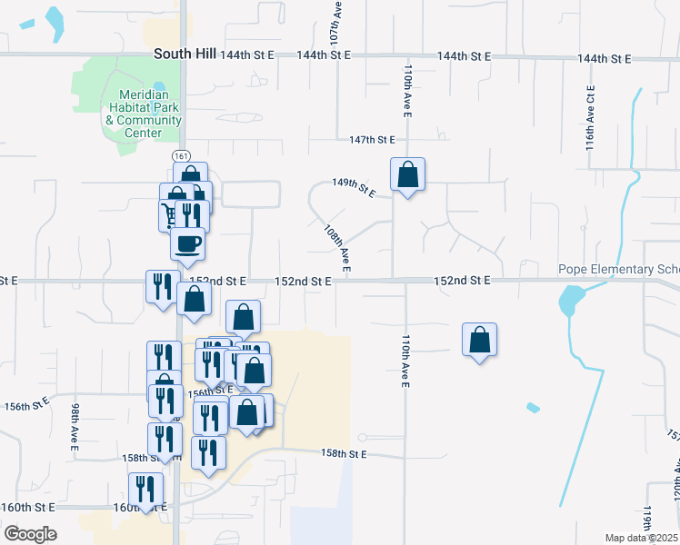 map of restaurants, bars, coffee shops, grocery stores, and more near 15210 107th Avenue Court East in Puyallup