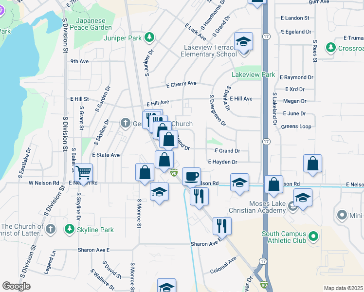 map of restaurants, bars, coffee shops, grocery stores, and more near 1112 South Alderwood Drive in Moses Lake