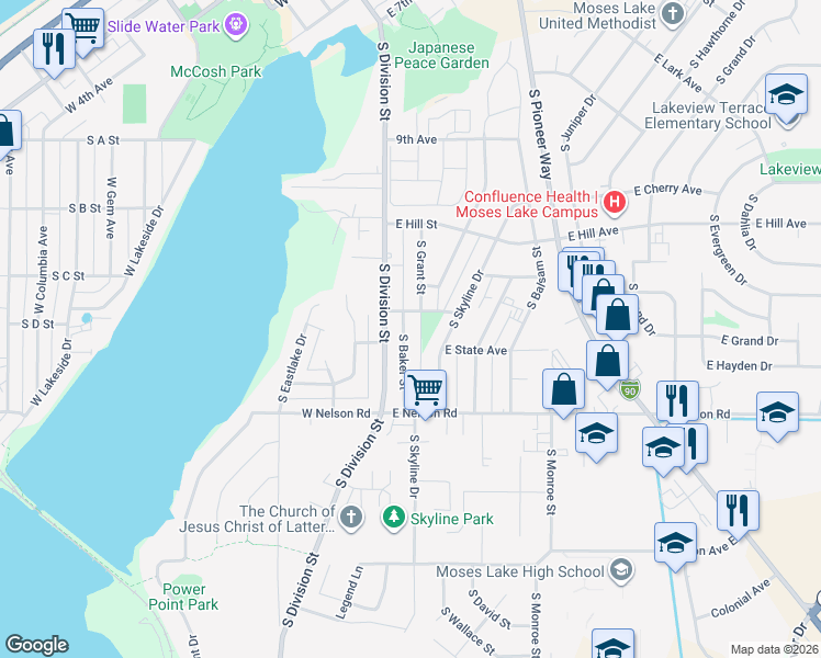 map of restaurants, bars, coffee shops, grocery stores, and more near 1202 South Baker Street in Moses Lake