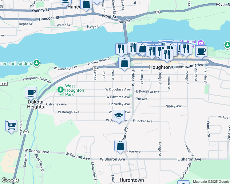 map of restaurants, bars, coffee shops, grocery stores, and more near 101-299 West South Avenue in Houghton