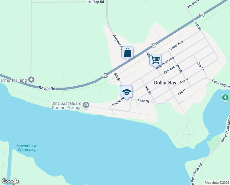 map of restaurants, bars, coffee shops, grocery stores, and more near 48721 6th Street in Dollar Bay