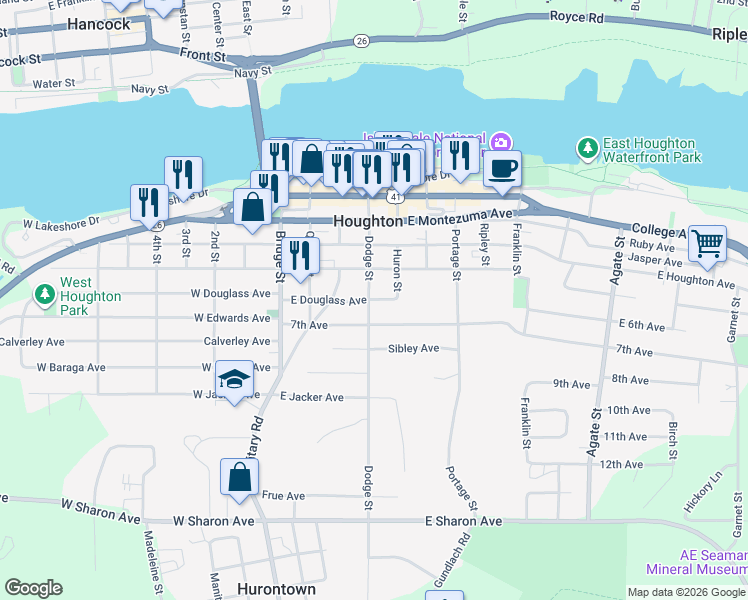 map of restaurants, bars, coffee shops, grocery stores, and more near in Houghton