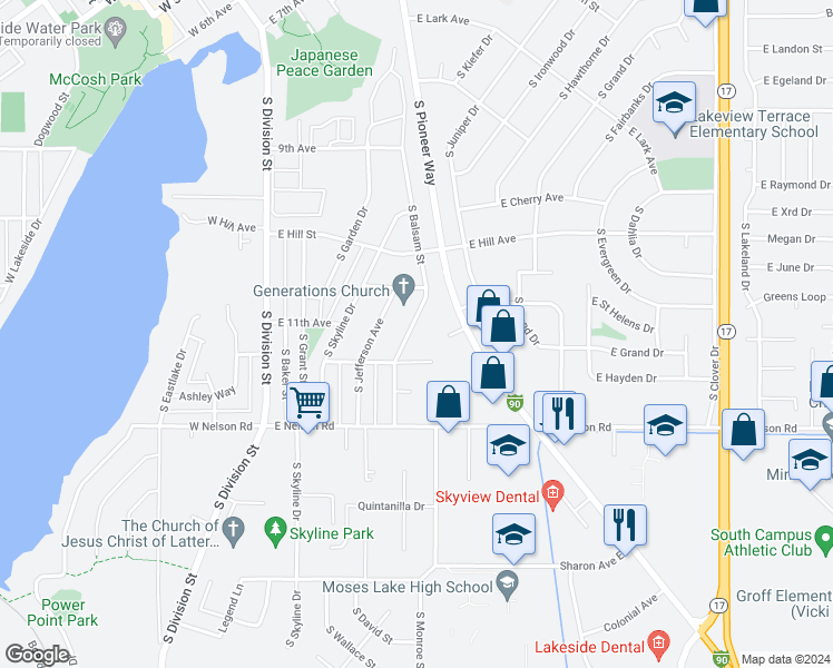 map of restaurants, bars, coffee shops, grocery stores, and more near 1100 South Pioneer Way in Moses Lake