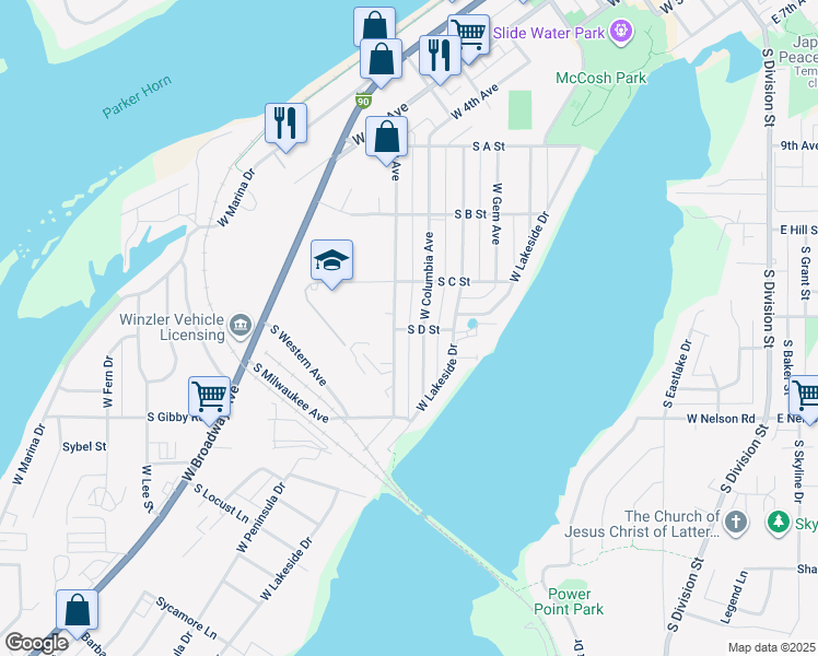 map of restaurants, bars, coffee shops, grocery stores, and more near 1215 West Ivy Avenue in Moses Lake