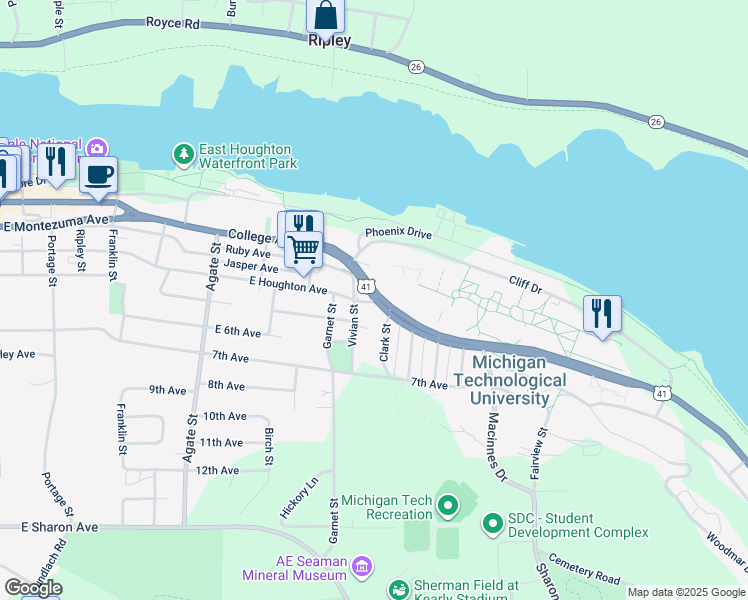 map of restaurants, bars, coffee shops, grocery stores, and more near 2043 East Houghton Avenue in Houghton