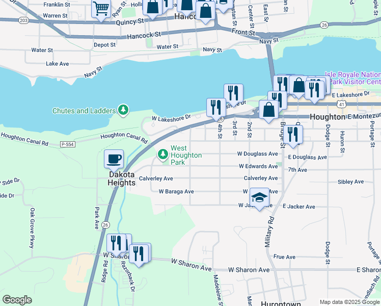 map of restaurants, bars, coffee shops, grocery stores, and more near 298 6th Street in Houghton
