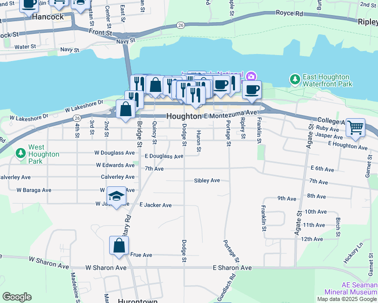 map of restaurants, bars, coffee shops, grocery stores, and more near in Houghton