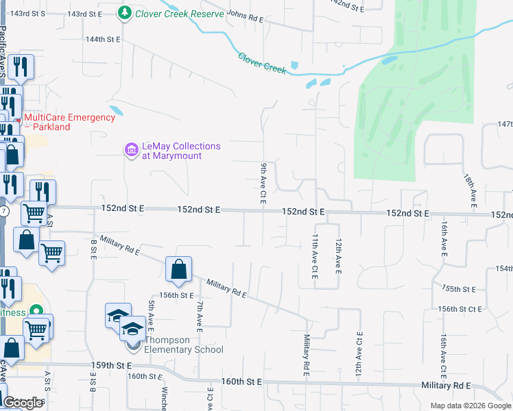 map of restaurants, bars, coffee shops, grocery stores, and more near 904 151st Street East in Tacoma