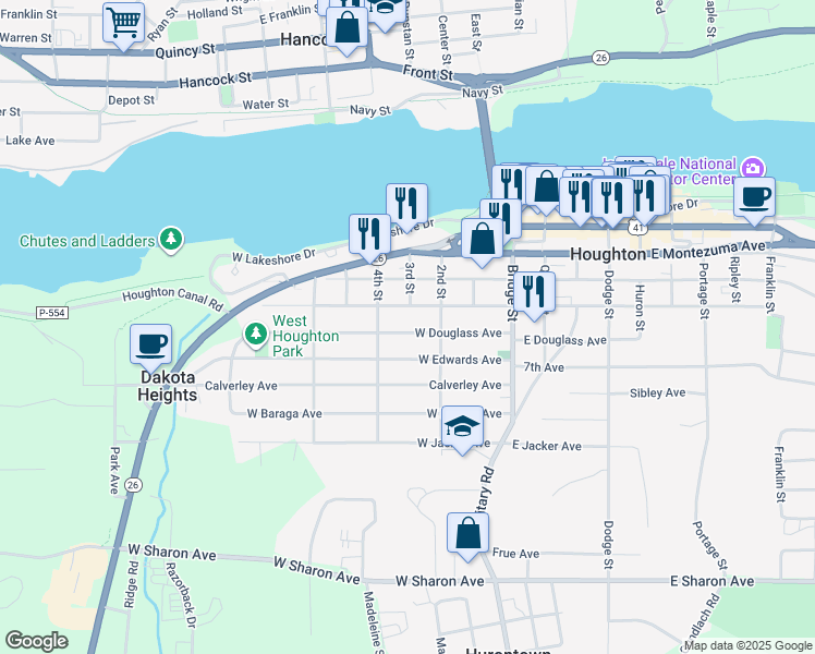 map of restaurants, bars, coffee shops, grocery stores, and more near 409 West South Avenue in Houghton