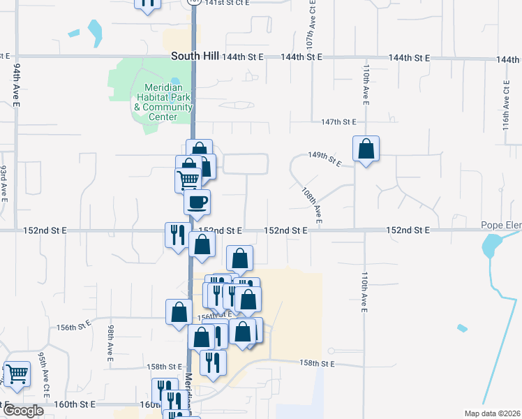 map of restaurants, bars, coffee shops, grocery stores, and more near 15018 105th Avenue Court East in South Hill