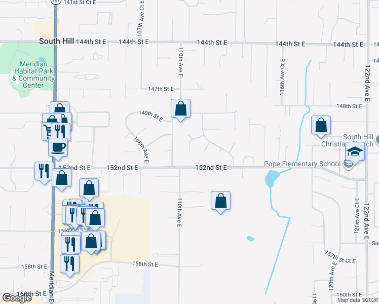 map of restaurants, bars, coffee shops, grocery stores, and more near 111th Avenue Court East in South Hill