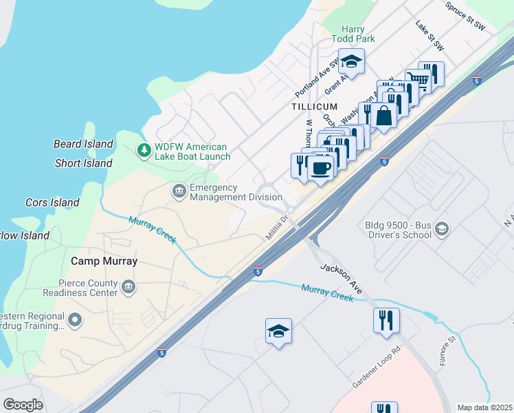 map of restaurants, bars, coffee shops, grocery stores, and more near 15523 Washington Avenue Southwest in Tacoma