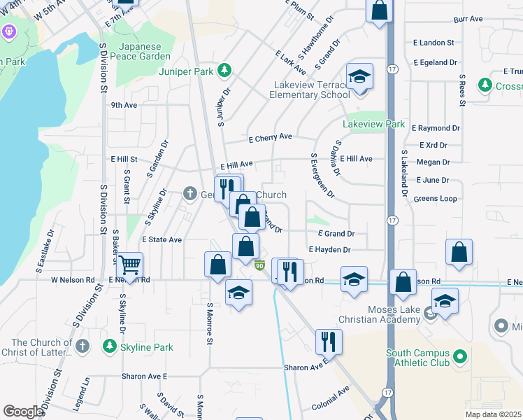 map of restaurants, bars, coffee shops, grocery stores, and more near 1104 South Grand Drive in Moses Lake