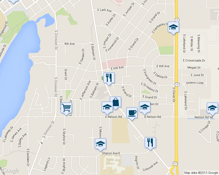 map of restaurants, bars, coffee shops, grocery stores, and more near 1117 South Pioneer Way in Moses Lake